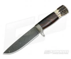 Burr Oak Custom Camp Knife Bold Twist Damascus Ironwood and Stag